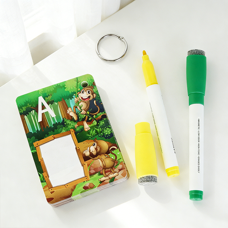 jungle adventure kids reusable writable flashcard set includes dual-color magic pens and metal ring binding-2